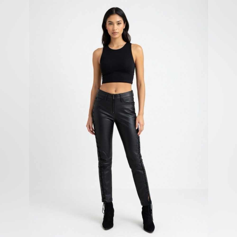 Hudson Raven Lace-Up Crop Leather Skinny Pants Black Size 25 Y2K Zipper Fly